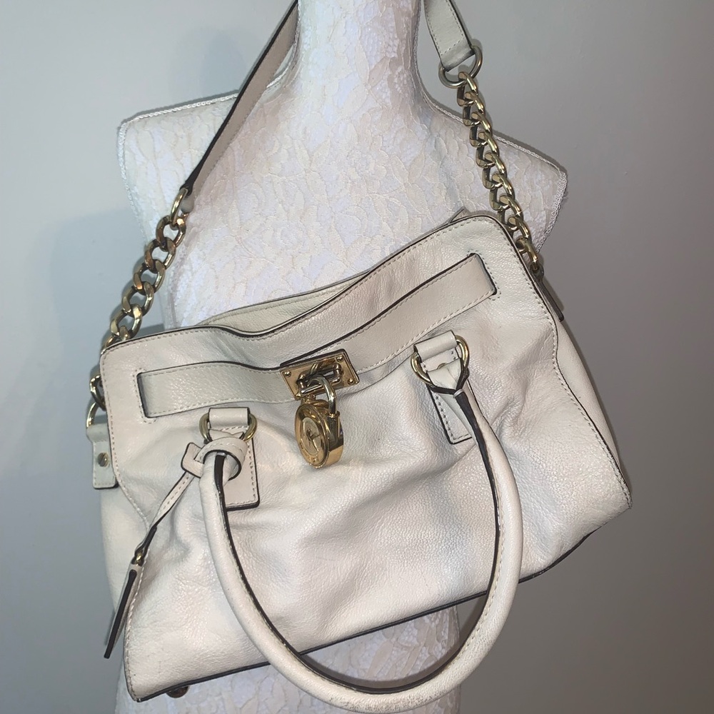 Michael Kors PRE-LIVED CREAM colored Leather Satchel with Gold Chain Trim